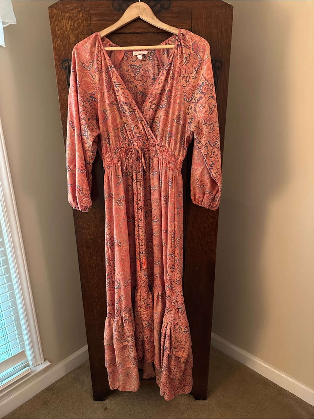 Boemo Bohemian Tiered Maxi Dress in Coral Paisley Pattern - Size Medium